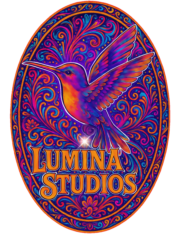Colorful logo of Lumina Studios with a hummingbird and intricate patterns on a white background.